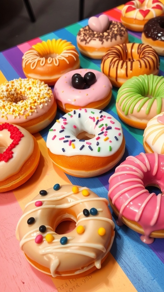 A colorful assortment of decorated donuts with sprinkles, fruits, and icing on a table.